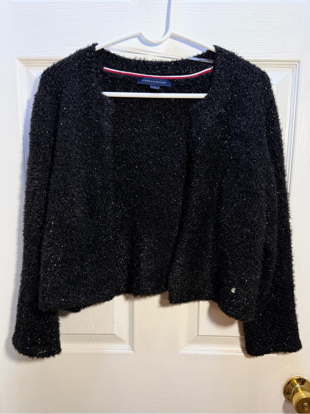 Tommy Hilfiger Black Sparkle Open-Front Cropped Fuzzy Cardigan